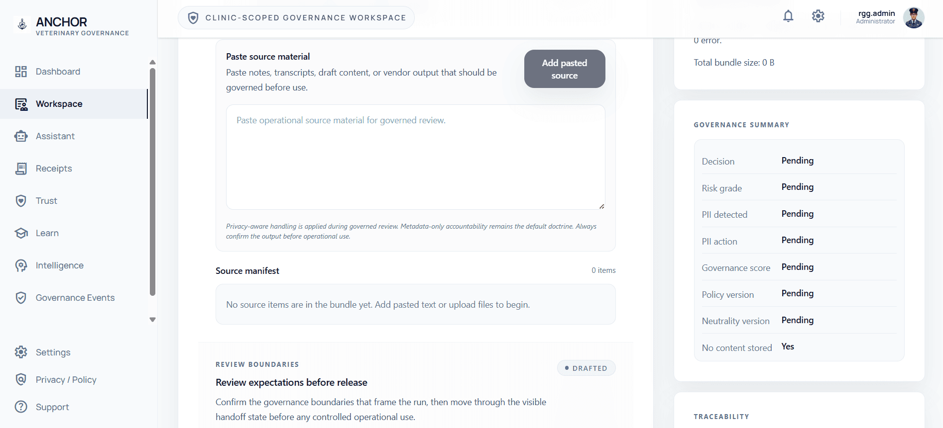 ANCHOR Workspace interface showing governed review settings